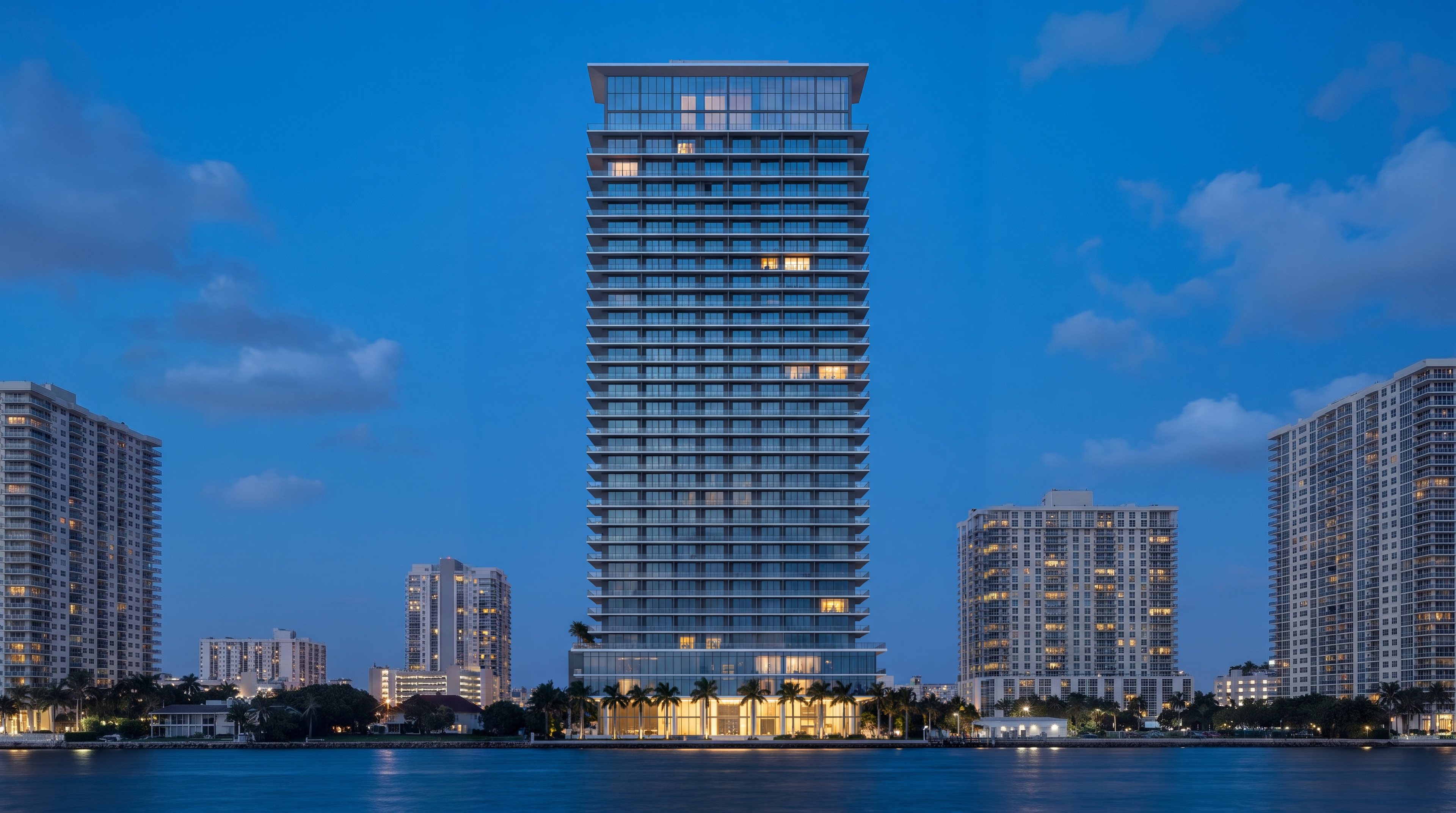 The Solenne tower at dusk on Biscayne Bay
